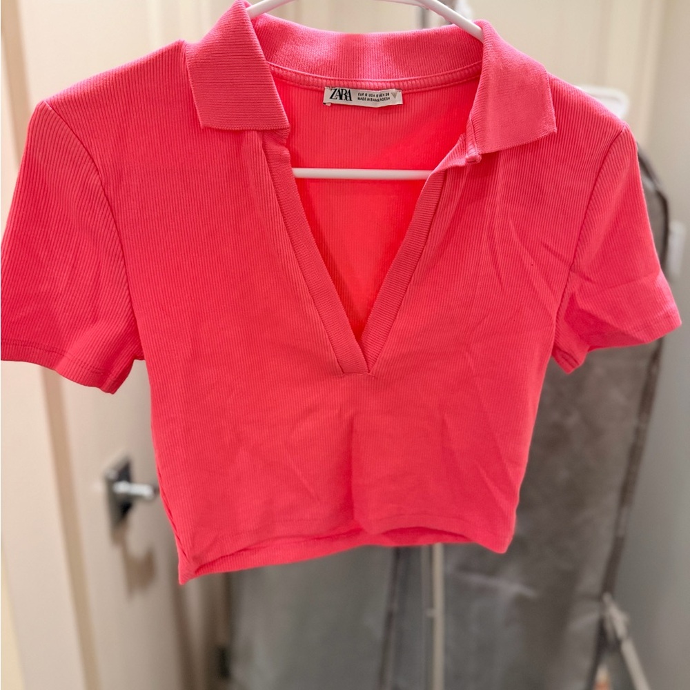 Zara Coral Ribbed V-Neck Crop Top